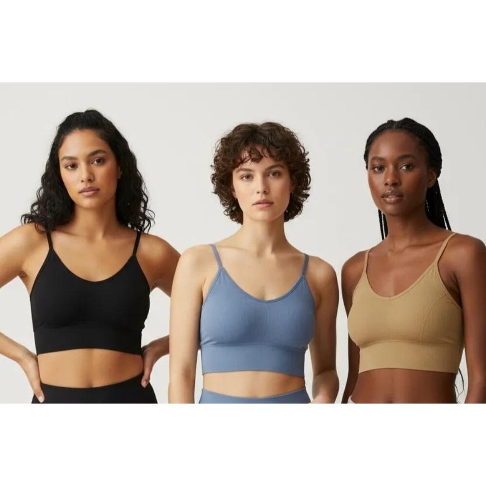 Set Of 3 Women's Ribbed U-Shaped Back Crop Top Bra- Black, Blue & Beige NWOT
